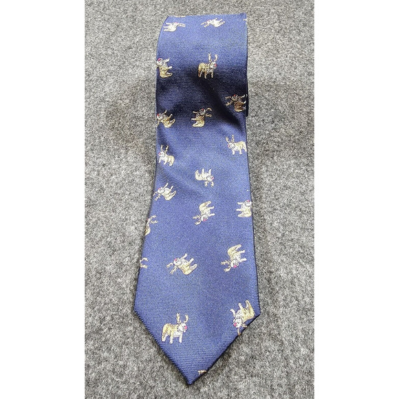 J Crew Christmas Tie Pug Reindeer Dog 100% Silk Blue 61" Long Necktie J.Crew - Picture 2 of 10